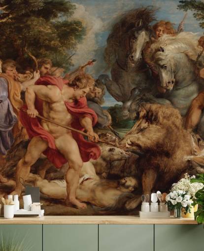 fine art wall mural called The Calydonian Boar Hunt by Peter Paul Rubens for living rooms, dining rooms and home offices fine art wall mural called The Calydonian Boar Hunt by Peter Paul Rubens for living rooms, dining rooms and home offices