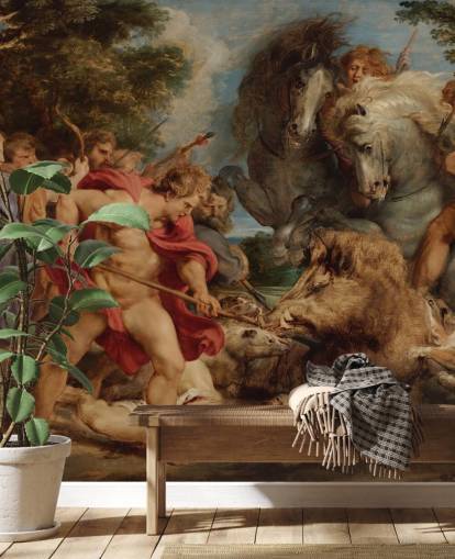 murale d'arte chiamato The Calydonian Boar Hunt di Peter Paul Rubens per salotti, sale da pranzo e uffici domestici