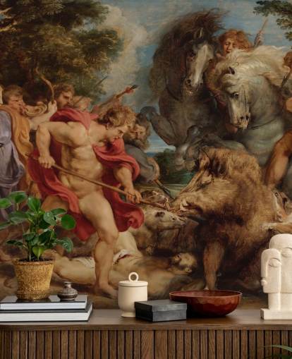 konstväggmålning kallad The Calydonian Boar Hunt av Peter Paul Rubens för vardagsrum, matsalar och hemmakontor