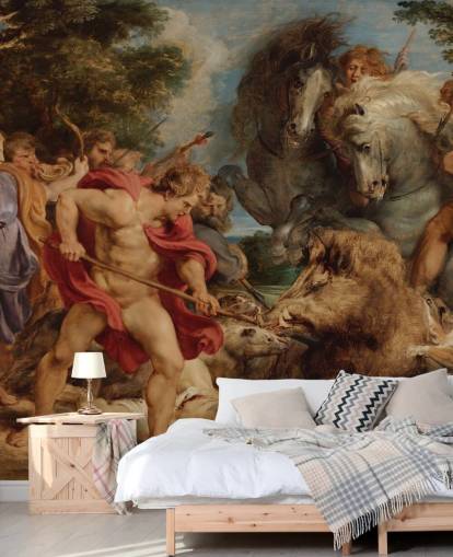 mural de pared de bellas artes llamado The Calydonian Boar Hunt de Peter Paul Rubens para salas de estar, comedores y oficinas en casa