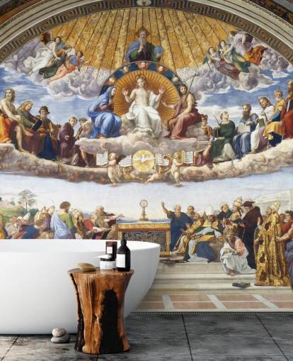 kunsttapet vægmaleri kaldet Disputation of the Holy Sacrament af Raphael til hjem og virksomheder