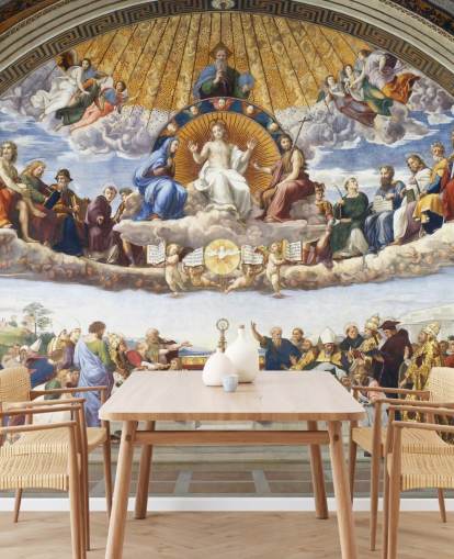 mural de papel pintado de bellas artes llamado Disputación del Santo Sacramento de Rafael para hogares y negocios