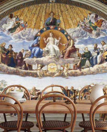 Kunsttapete mit dem Titel Disputation of the Holy Sacrament von Raphael für Privathaushalte und Unternehmen