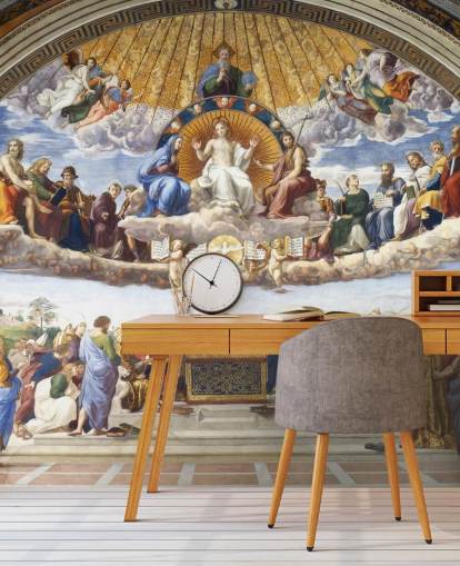 kunsttapet veggmaleri kalt Disputation of the Holy Sacrament av Raphael for hjem og bedrifter