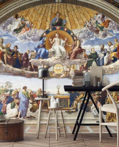 fine art wallpaper mural called Disputation of the Holy Sacrament by Raphael for homes and businesses