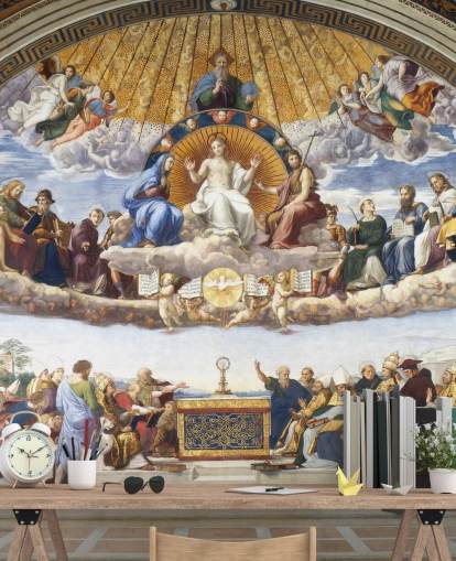 mural de papel pintado de bellas artes llamado Disputación del Santo Sacramento de Rafael para hogares y negocios