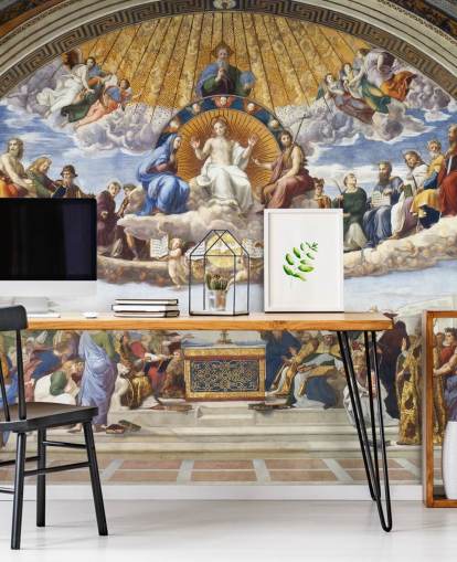 mural de papel pintado de bellas artes llamado Disputación del Santo Sacramento de Rafael para hogares y negocios