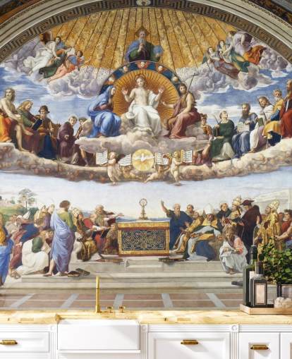 mural de papel pintado de bellas artes llamado Disputación del Santo Sacramento de Rafael para hogares y negocios