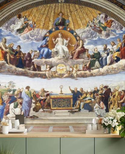fine art wallpaper mural called Disputation of the Holy Sacrament by Raphael for homes and businesses