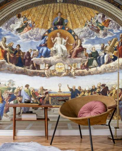 mural de papel pintado de bellas artes llamado Disputación del Santo Sacramento de Rafael para hogares y negocios