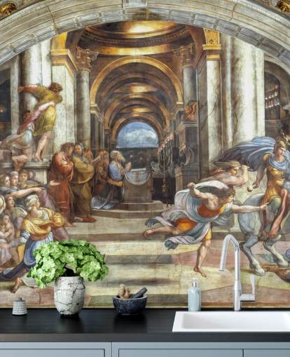 kunstmuurschildering genaamd The Expulsion of Heliodorus from the Temple van Raphael voor huizen en kantoren