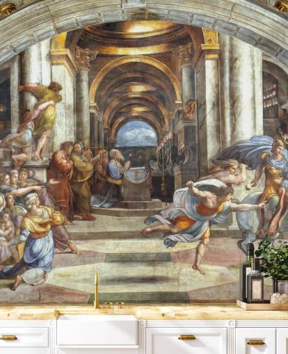 mural de parede de belas artes chamado A Expulsão de Heliodoro do Templo, de Rafael, para residências e escritórios mural de parede de belas artes chamado A Expulsão de Heliodoro do Templo, de Rafael, para residências e escritórios