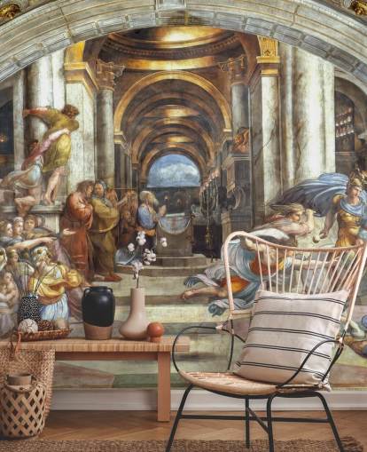 kunstmuurschildering genaamd The Expulsion of Heliodorus from the Temple van Raphael voor huizen en kantoren kunstmuurschildering genaamd The Expulsion of Heliodorus from the Temple van Raphael voor huizen en kantoren