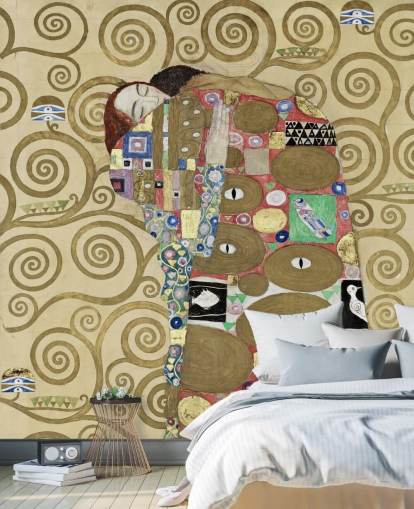 fine art wallpaper mural called Fulfillment by Gustav Klimt for bedrooms and living rooms