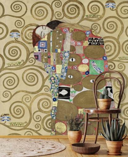 fine art wallpaper mural called Fulfillment by Gustav Klimt for bedrooms and living rooms