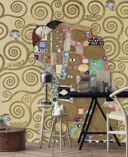fine art wallpaper mural called Fulfillment by Gustav Klimt for bedrooms and living rooms