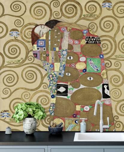 fine art behangmuurschildering genaamd Fulfillment van Gustav Klimt voor slaapkamers en woonkamers fine art behangmuurschildering genaamd Fulfillment van Gustav Klimt voor slaapkamers en woonkamers