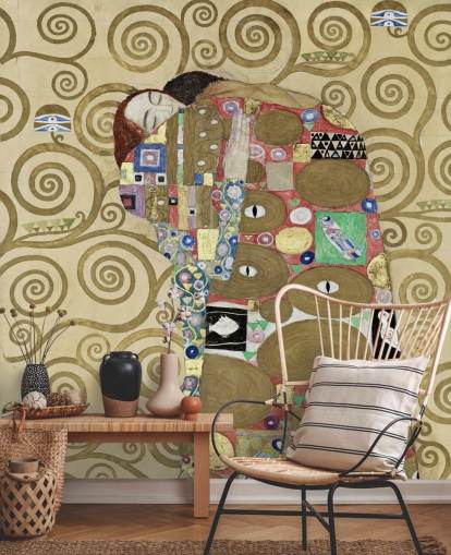 konsttapet väggmålning kallad Fulfillment av Gustav Klimt för sovrum och vardagsrum