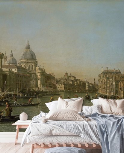 fine art wallpaper mural called Entrance to the Grand Canal near the Punta della Dogana and Santa Maria della Salute by Canaletto fine art wallpaper mural called Entrance to the Grand Canal near the Punta della Dogana and Santa Maria della Salute by Canaletto