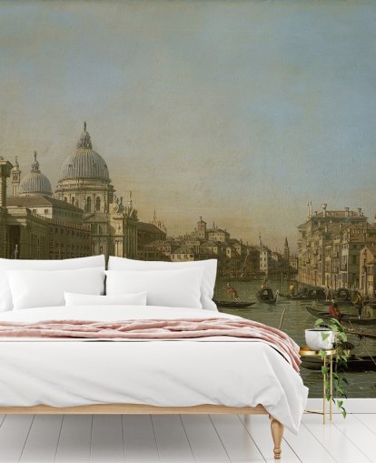 konsttapet väggmålning som heter Ingång till Canal Grande nära Punta della Dogana och Santa Maria della Salute av Canaletto