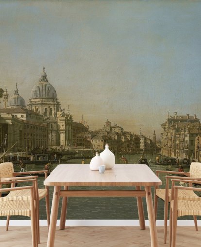 mural de papel de parede de belas artes chamado Entrada para o Grande Canal, perto da Punta della Dogana e Santa Maria della Salute, de Canaletto