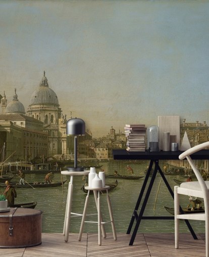 mural de papel pintado de bellas artes llamado Entrada al Gran Canal cerca de Punta della Dogana y Santa Maria della Salute de Canaletto