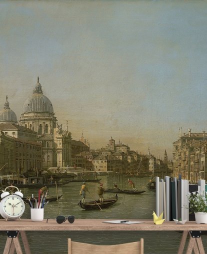 mural de papel pintado de bellas artes llamado Entrada al Gran Canal cerca de Punta della Dogana y Santa Maria della Salute de Canaletto