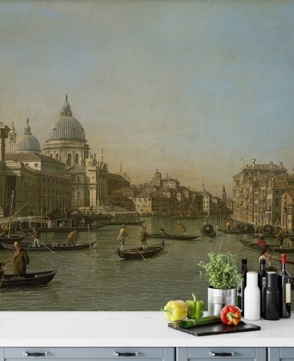 mural de papel pintado de bellas artes llamado Entrada al Gran Canal cerca de Punta della Dogana y Santa Maria della Salute de Canaletto