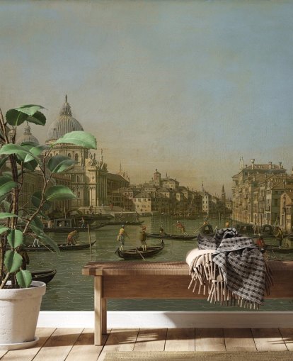 Kunsttapete mit dem Titel Eingang zum Canal Grande in der Nähe der Punta della Dogana und Santa Maria della Salute von Canaletto Kunsttapete mit dem Titel Eingang zum Canal Grande in der Nähe der Punta della Dogana und Santa Maria della Salute von Canaletto