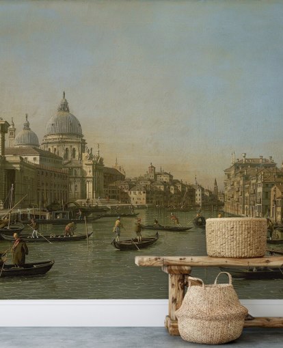 mural de papel pintado de bellas artes llamado Entrada al Gran Canal cerca de Punta della Dogana y Santa Maria della Salute de Canaletto