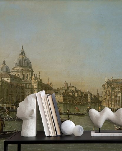 kunstbehangmuurschildering genaamd Entrance to the Grand Canal bij de Punta della Dogana en Santa Maria della Salute van Canaletto kunstbehangmuurschildering genaamd Entrance to the Grand Canal bij de Punta della Dogana en Santa Maria della Salute van Canaletto