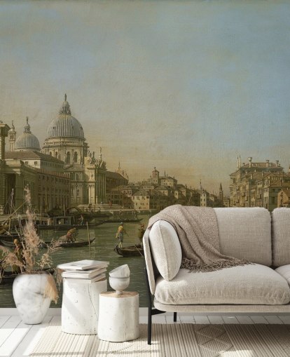 Kunsttapete mit dem Titel Eingang zum Canal Grande in der Nähe der Punta della Dogana und Santa Maria della Salute von Canaletto