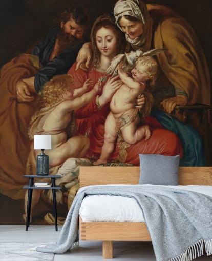 mural de papel pintado de bellas artes llamado La Sagrada Familia con Santa Isabel, San Juan y una paloma de Peter Paul Rubens