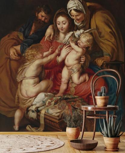 konst tapetväggmålning kallad Den heliga familjen med St Elizabeth, St John och en duva av Peter Paul Rubens