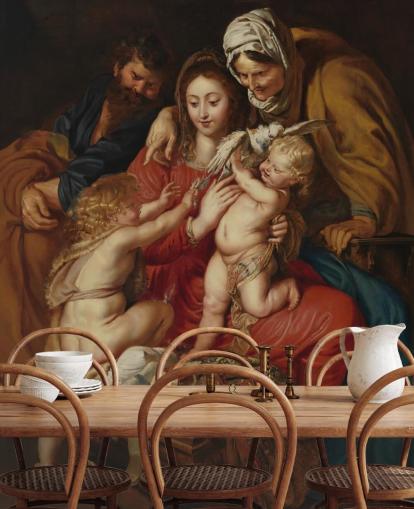 carta da parati d'arte chiamata La Sacra Famiglia con Santa Elisabetta, San Giovanni e una colomba di Peter Paul Rubens
