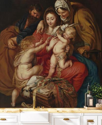 mural de papel de parede de belas artes chamado A Sagrada Família com Santa Isabel, São João e uma Pomba de Peter Paul Rubens