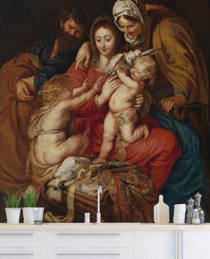 carta da parati d'arte chiamata La Sacra Famiglia con Santa Elisabetta, San Giovanni e una colomba di Peter Paul Rubens