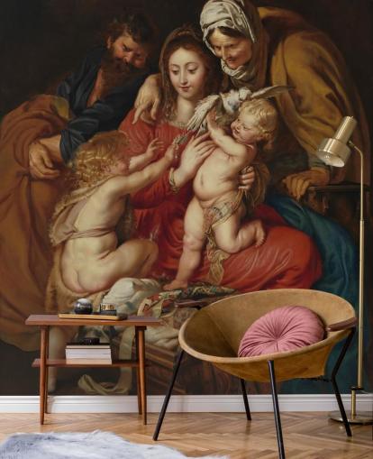 mural de papel de parede de belas artes chamado A Sagrada Família com Santa Isabel, São João e uma Pomba de Peter Paul Rubens