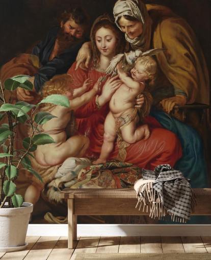 papier peint mural d'art intitulé La Sainte Famille avec Sainte Élisabeth, Saint Jean et une colombe de Peter Paul Rubens