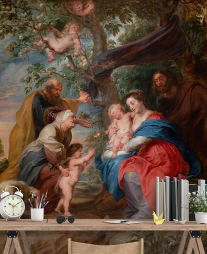 konsttapet väggmålning som heter Den heliga familjen under ett äppelträd av Peter Paul Rubens