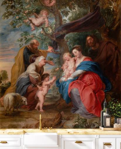 mural de papel pintado de bellas artes llamado La Sagrada Familia bajo un manzano de Peter Paul Rubens