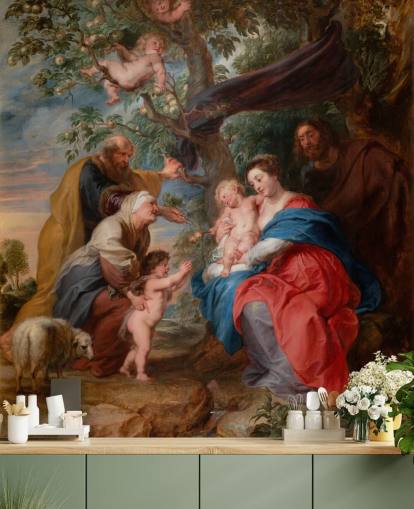 mural de papel pintado de bellas artes llamado La Sagrada Familia bajo un manzano de Peter Paul Rubens
