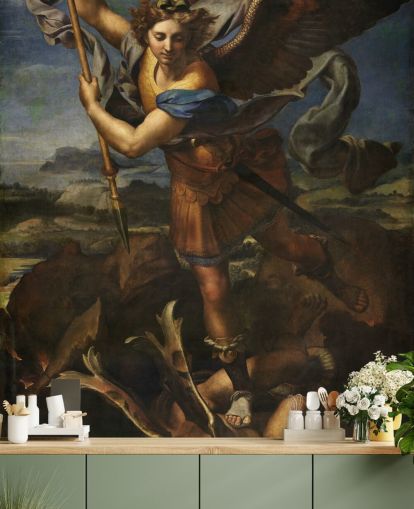 Rafaelin taide-taustakuvamaalaus nimeltä Saint Michael Vanquishing Satan koteihin ja yrityksiin Rafaelin taide-taustakuvamaalaus nimeltä Saint Michael Vanquishing Satan koteihin ja yrityksiin