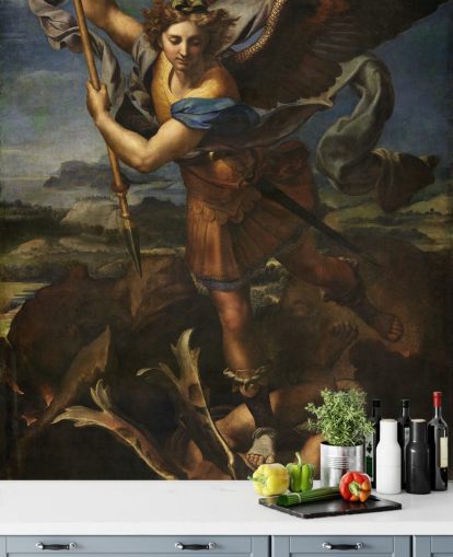 fine art wallpaper mural called Saint Michael Vanquishing Satan by Rafael for homes and businesses