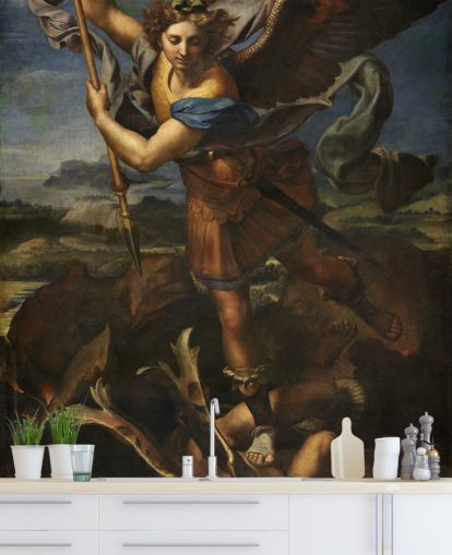fine art wallpaper mural called Saint Michael Vanquishing Satan by Rafael for homes and businesses