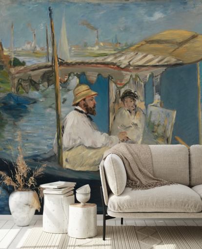 fresque murale d'art intitulée Claude Monet Peignant dans son atelier par Edouard Manet pour les chambres et les salons