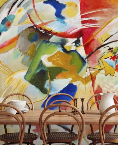 fine art behangmuurschildering genaamd Painting with Green Centre van Wassily Kandinsky voor slaapkamers en bedrijven fine art behangmuurschildering genaamd Painting with Green Centre van Wassily Kandinsky voor slaapkamers en bedrijven