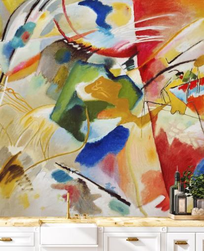fine art behangmuurschildering genaamd Painting with Green Centre van Wassily Kandinsky voor slaapkamers en bedrijven fine art behangmuurschildering genaamd Painting with Green Centre van Wassily Kandinsky voor slaapkamers en bedrijven