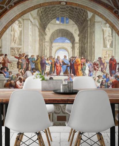 kunstmuurschildering genaamd The School of Athens van Raphael voor huizen, kantoren en bedrijven