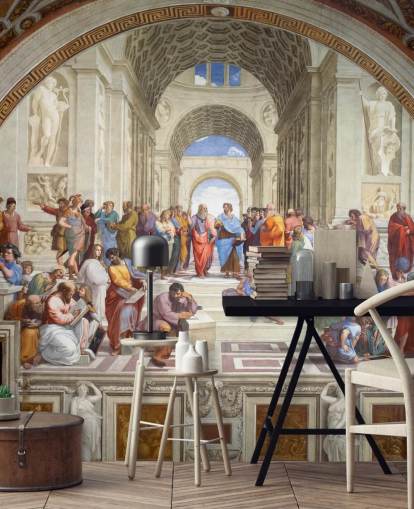 mural de pared de bellas artes llamado La escuela de Atenas de Rafael para hogares, oficinas y negocios